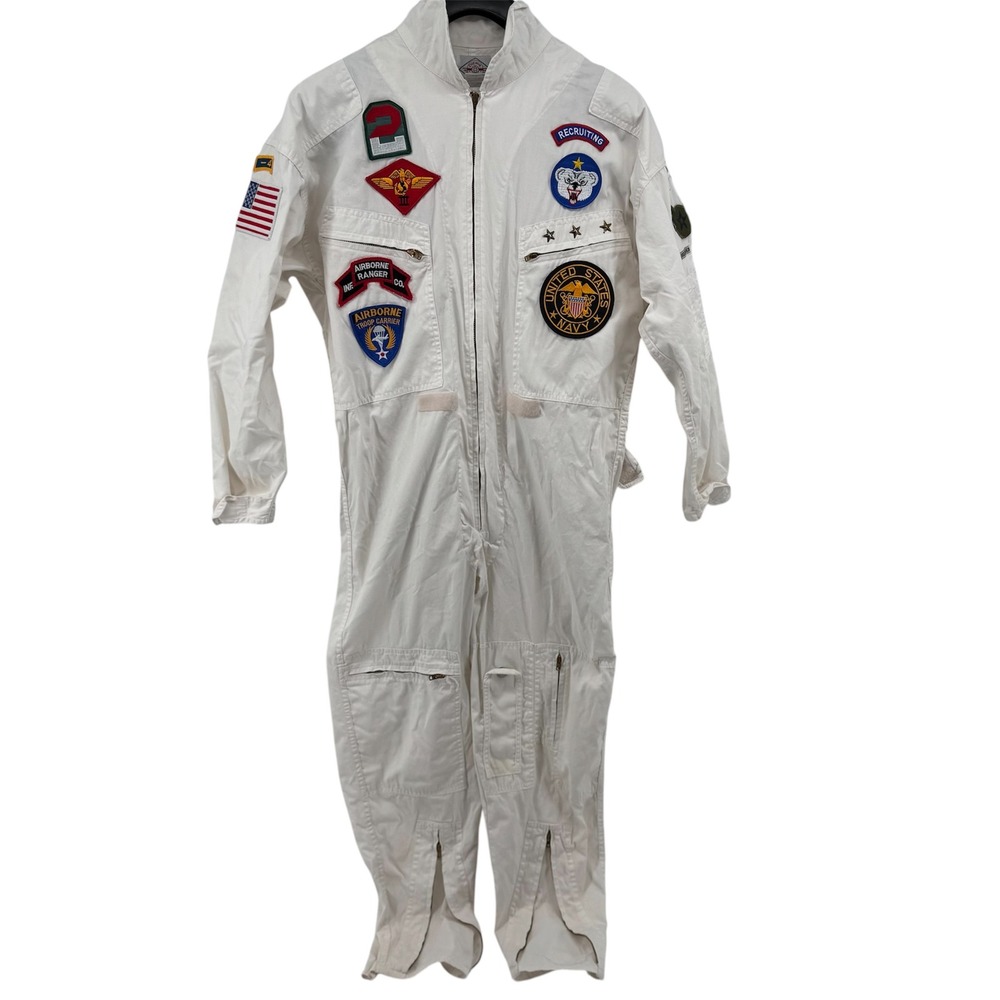 Chemin De Fer Flight Suit Jumpsuit Mens S White Military Patches Cotton Vintage